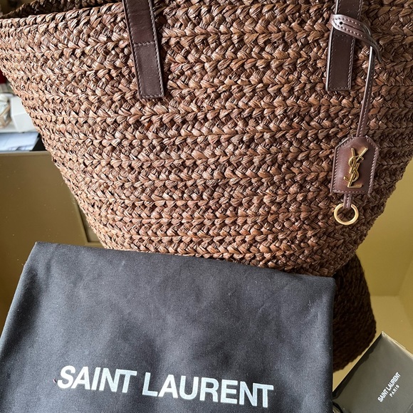 Saint Laurent Logo Raffia Tote chocolate and leather. - Picture 3 of 7